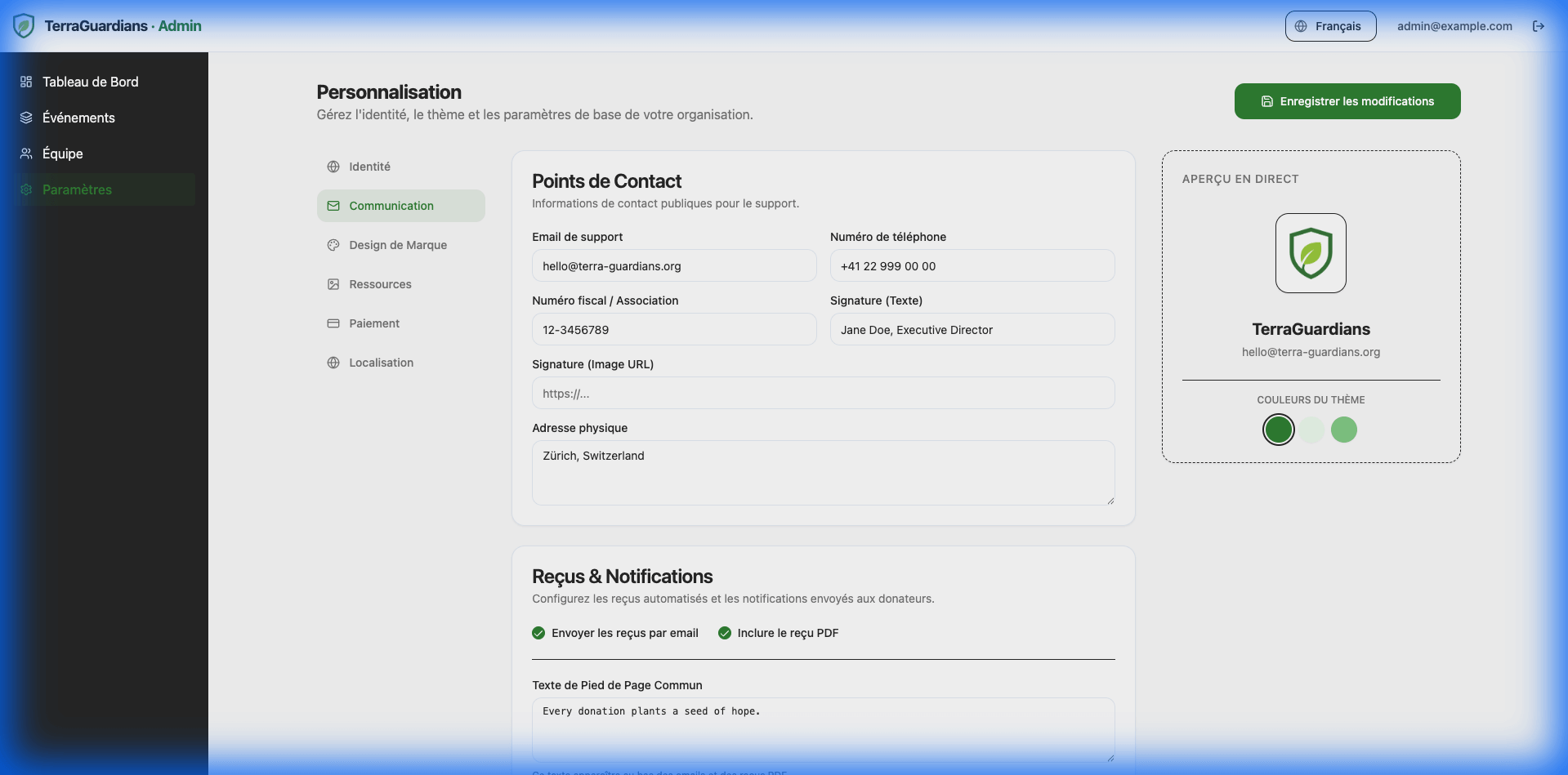 Paramètres de Communication