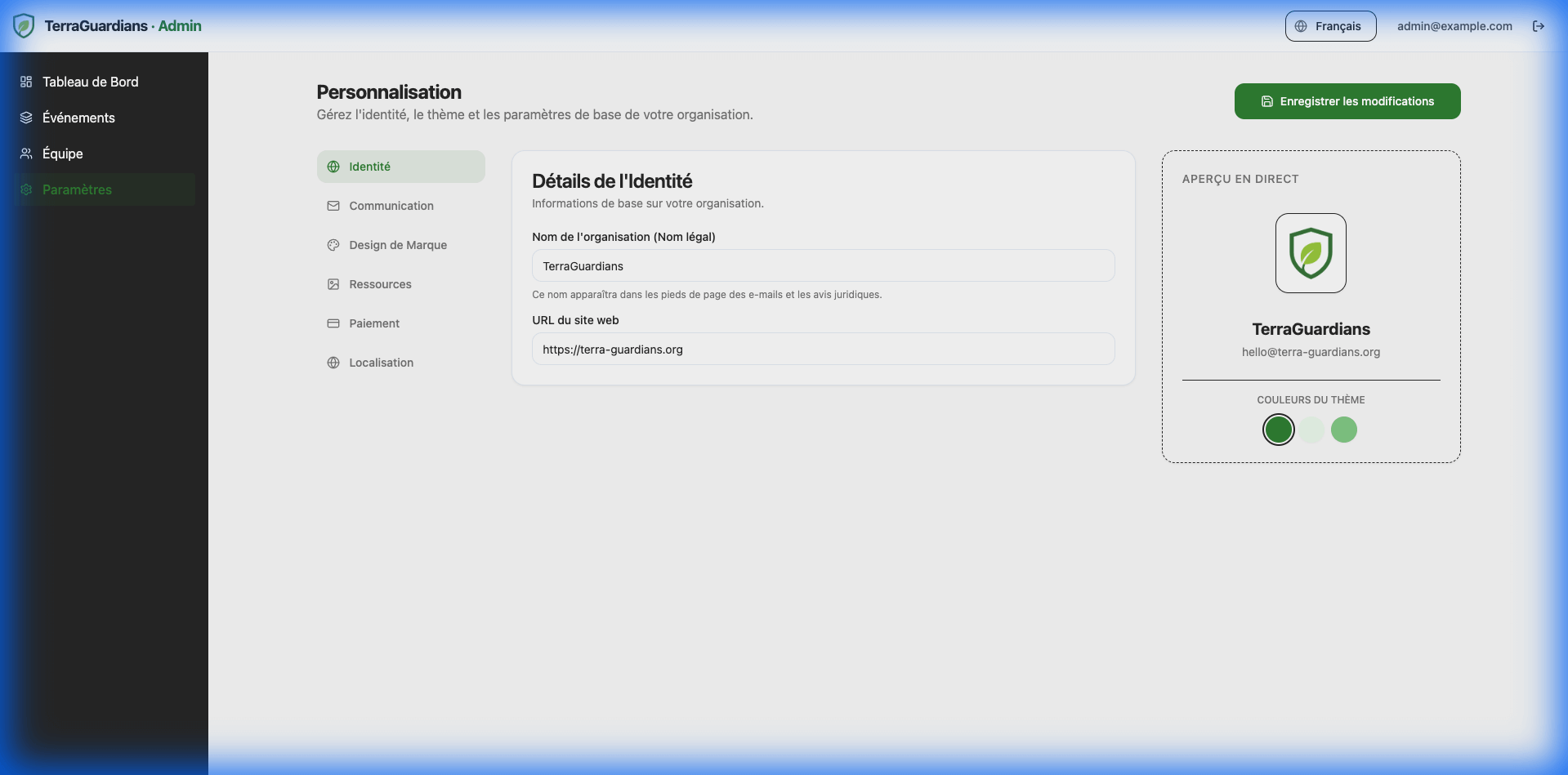 Paramètres d'Identité