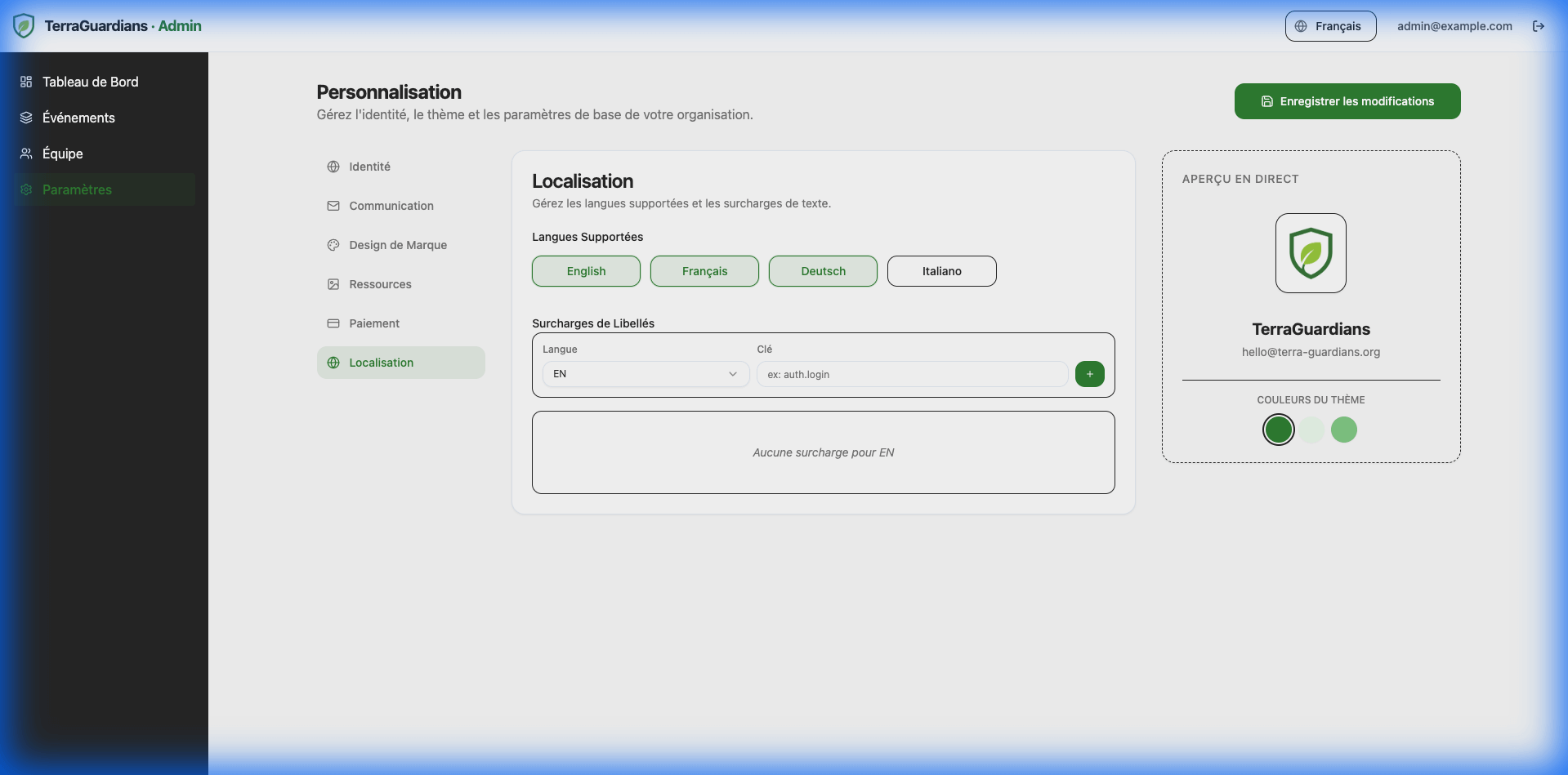 Paramètres de Localisation