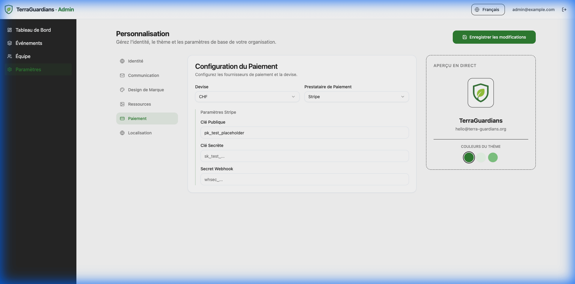 Paramètres de Paiement